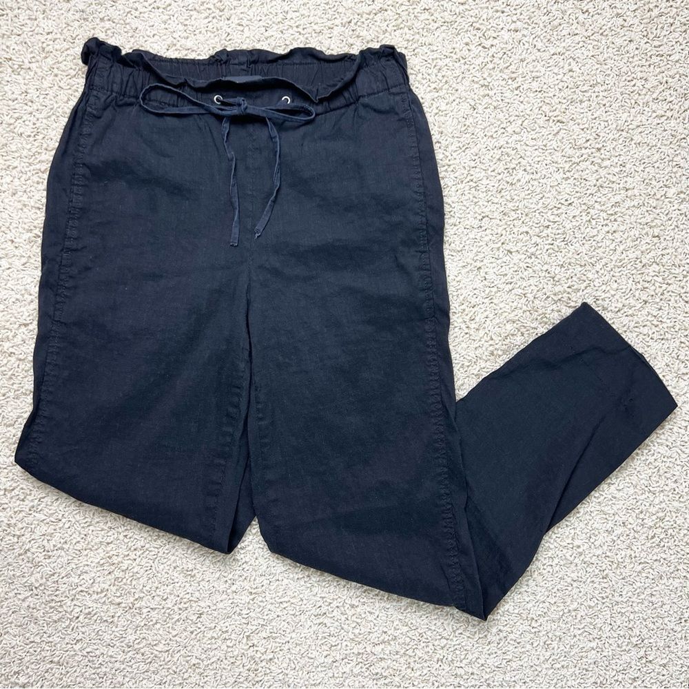 THEORY Slim Straight Linen Blend Pants Paper Bag Waist High Rise Black Size 00